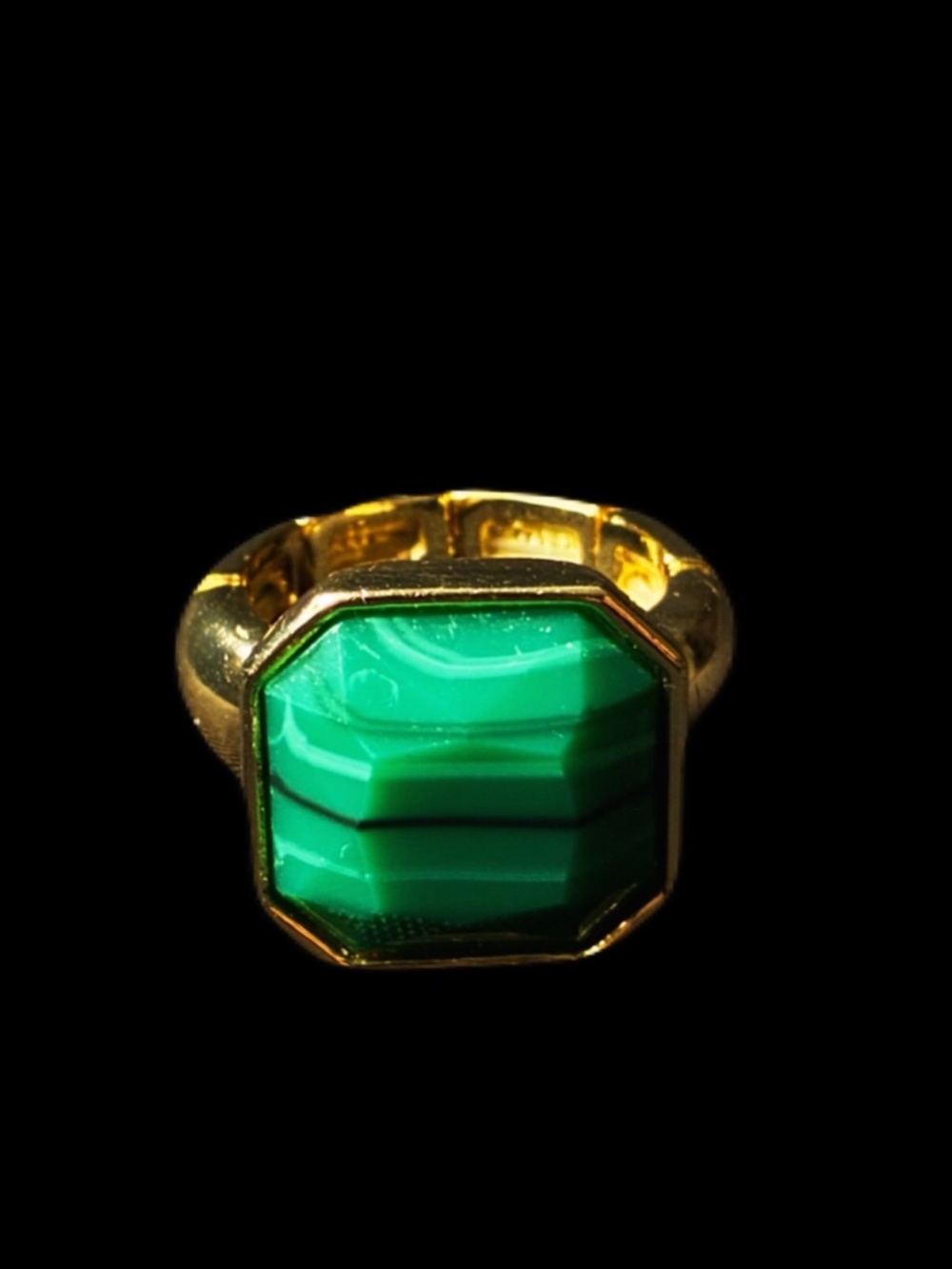 Gold-Plated Cocktail Ring Octagon Green Malachite Bezel Set Stretch Band
